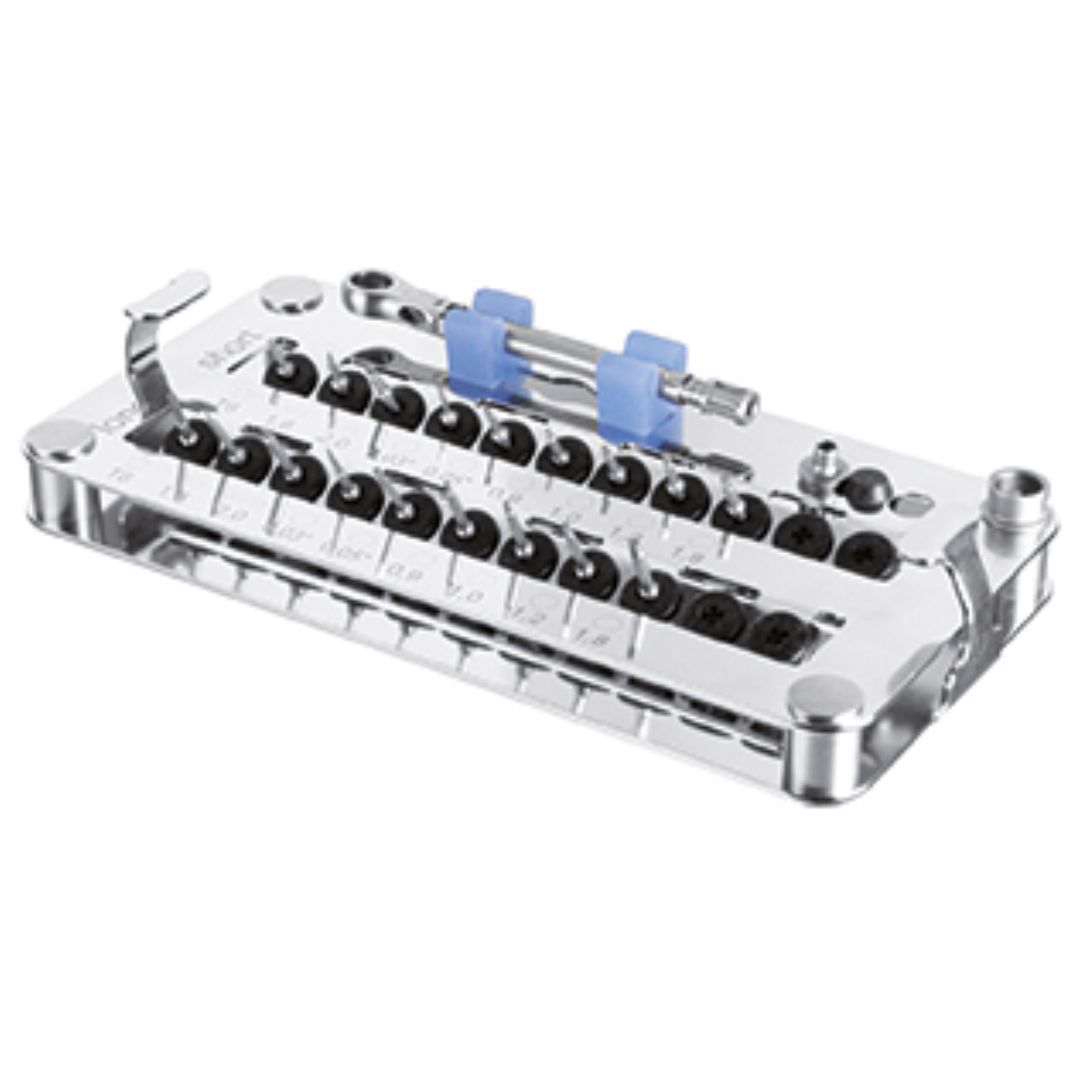 Kit de tournevis prothétique composé de : 18 lames (9 courtes, 9 longues) 1 cliquet dynamométrique.-0