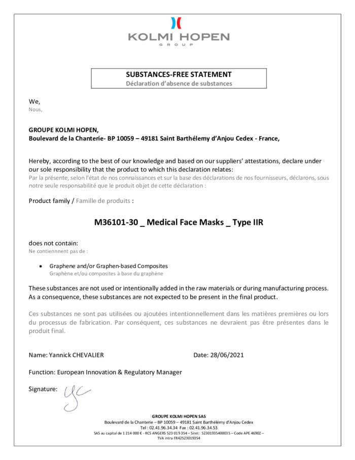 Déclaration d'absence de substances