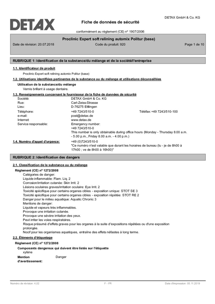 Fiche de données de sécurité